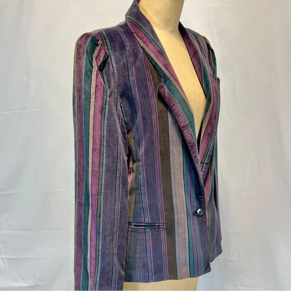VINTAGE velvet moody jewel tone stripe blazer suit coat womens tailored 80s - Picture 5 of 12